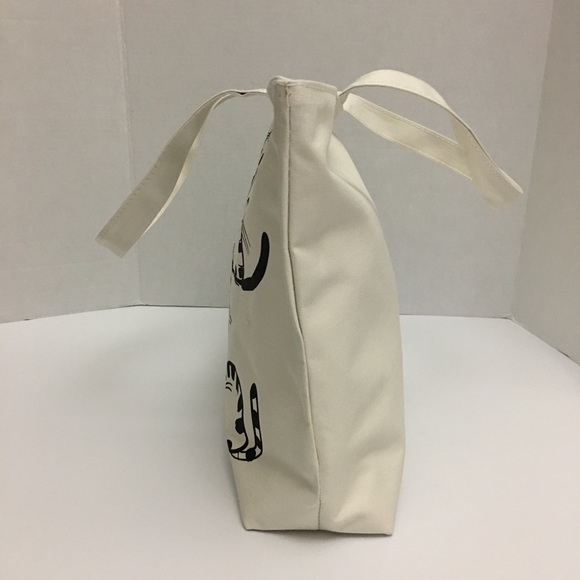 Off White Lined Zip Top Cat Lovers Book Bag Tote - Picture 4 of 7